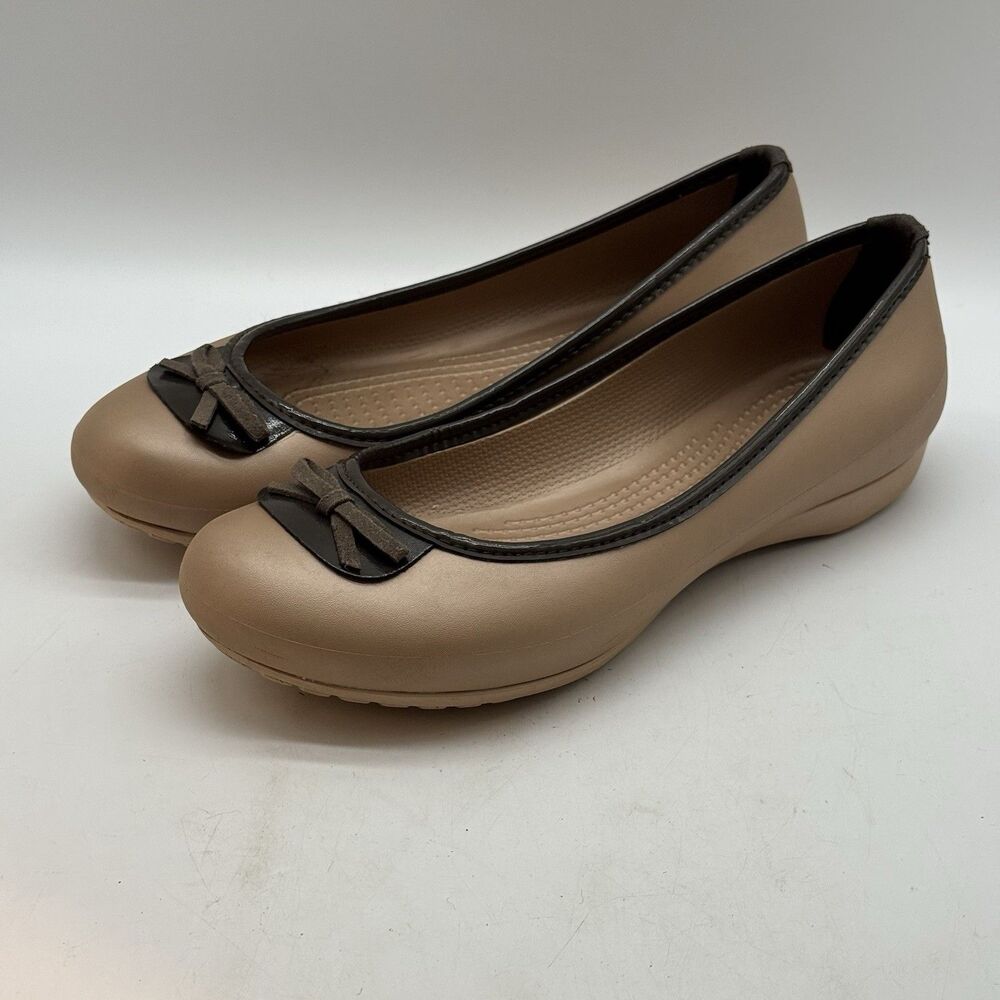 Crocs Lily Ballet Flats Women's 9 Gold & Brown Bow 10510 Slip-On Comfortcore